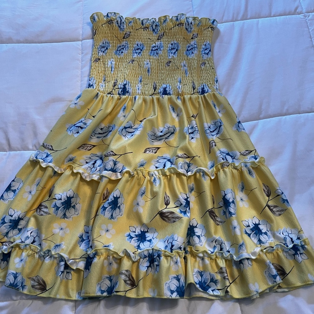 NEW Tube Top Yellow Blue Floral Strapless Dress LARGE Ruffles sundress
